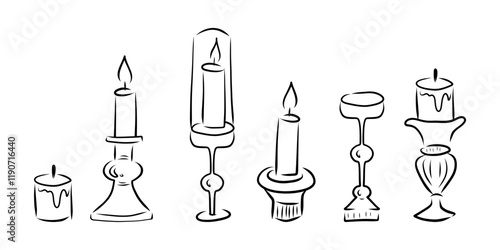 Hand drawn set of candlesticks, vintage candlesticks of different shapes and sizes, doodle candles set 