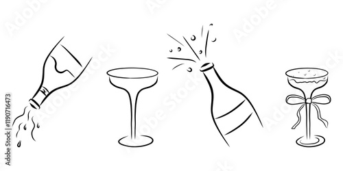 Hand drawn Set glasses and open bottles of alcohol, doodle drawing