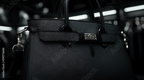 Close-up of a black leather handbag with a top handle and shoulder strap, displayed in a dark retail setting. photo