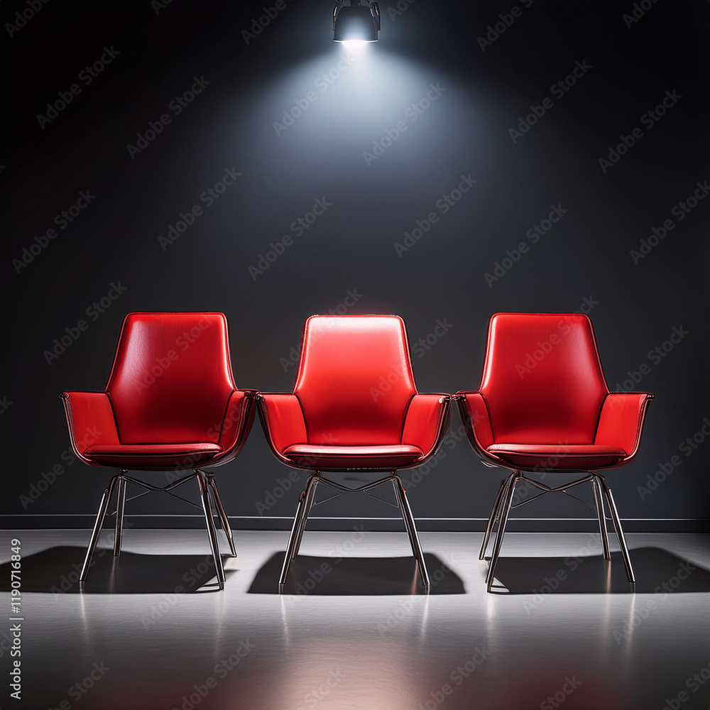 Obraz premium Three Red Chairs Under Bright Studio Lights Display