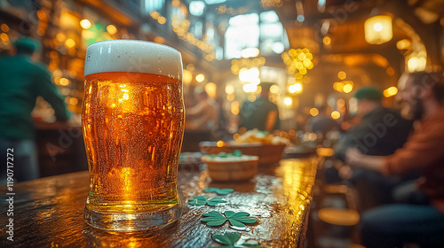 glass of beer on a bar counter in a pub during St. Patrick's Day celebrations photo