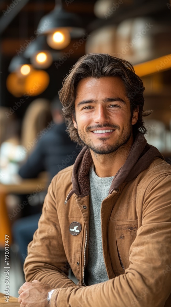 A man with long hair and a beard sits at a cafe table, smiling warmly at the camera. The setting is lively, with warm lighting and fellow patrons in the background A man with long hair and a beard sits at a cafe table, smiling warmly at the camera. The setting is lively, with warm lighting and fellow patrons in the background