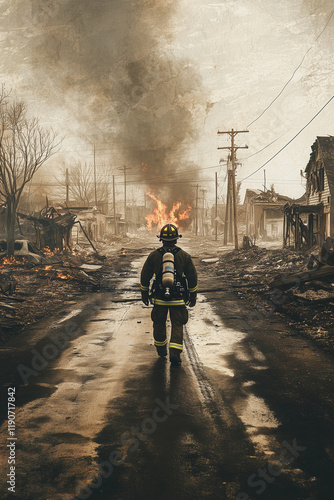 Wallpaper Mural a firefighter walking away from a horizon tinged with the remnants of a wildfire city town.  Torontodigital.ca