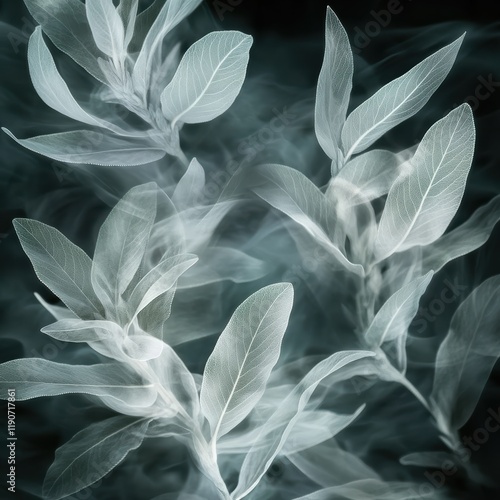 Wallpaper Mural Delicate leaves appear semi-transparent against a dark background, blending with a gentle mist that adds a dreamlike quality, evoking tranquility and reflection Torontodigital.ca