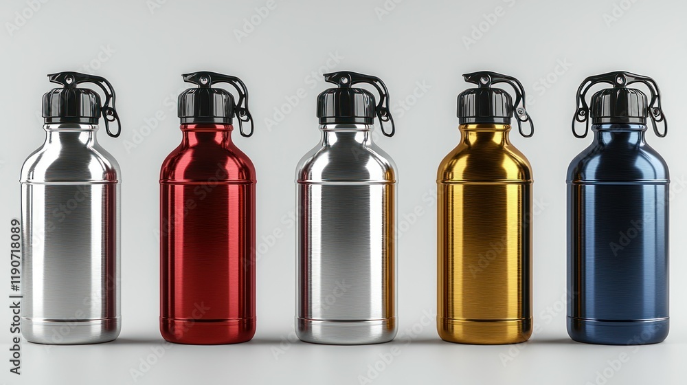 Five metallic water bottles in different colors; silver, red, gold, blue, and dark blue. Five metallic water bottles in different colors; silver, red, gold, blue, and dark blue.