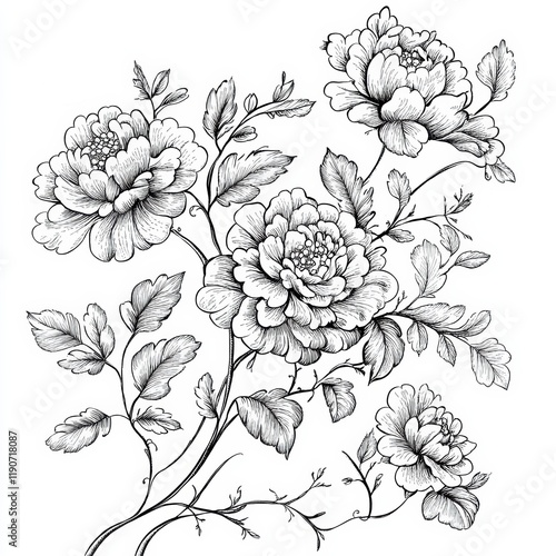 A delicate illustration showcases peony flowers in full bloom with detailed petals and leaves. The elegant design highlights the beauty of nature in a minimalist style