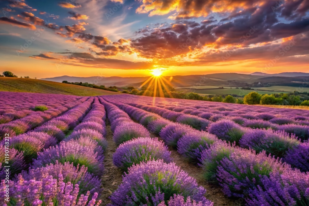 Panoramic Lavender Field at Sunset, Purple Flowers, Summer Bloom, Provence Scenery Panoramic Lavender Field at Sunset, Purple Flowers, Summer Bloom, Provence Scenery
