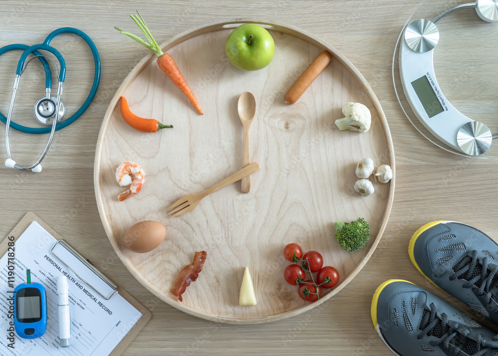 Intermittent fasting IF and keto diet concept with hour clock timer for skipping meal, eating ketogenic food low carb, high fat food meal healthy nutritional dish with gym exercise for weight loss Intermittent fasting IF and keto diet concept with hour clock timer for skipping meal, eating ketogenic food low carb, high fat food meal healthy nutritional dish with gym exercise for weight loss