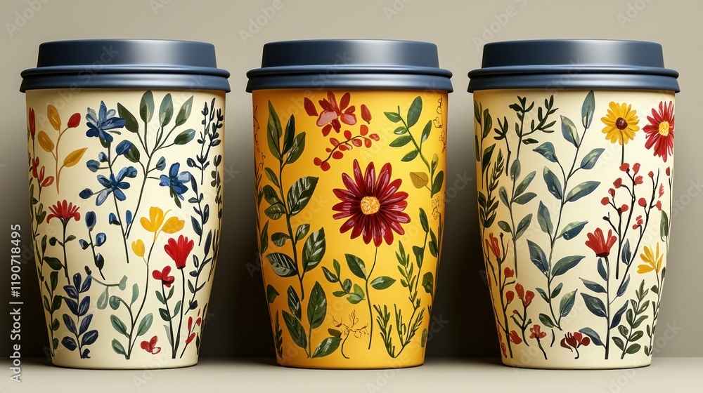 Three floral-patterned to-go coffee cups. Three floral-patterned to-go coffee cups.