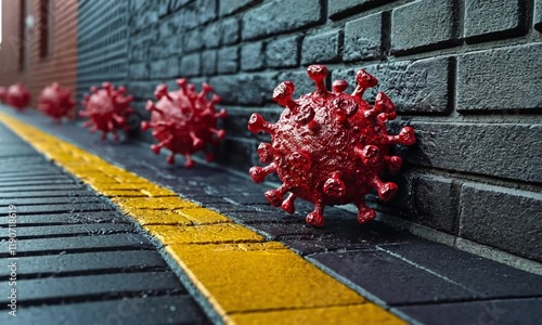 Realistic 3D Render of Red Virus Particles on Urban Street with Yellow Line - Conceptual Pandemic and Health Crisis Imagery