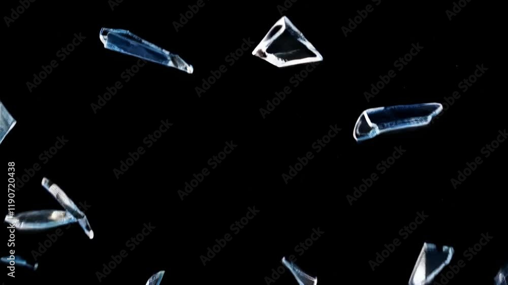 Shattered glass fragments flying through the air creating a dramatic visual effect Shattered glass fragments flying through the air creating a dramatic visual effect