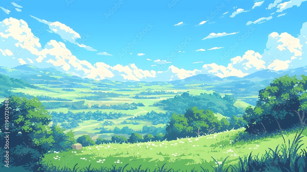 Fototapeta premium pixelated landscape featuring green rolling hills and a clear blue sky, designed for a gaming aesthetic
