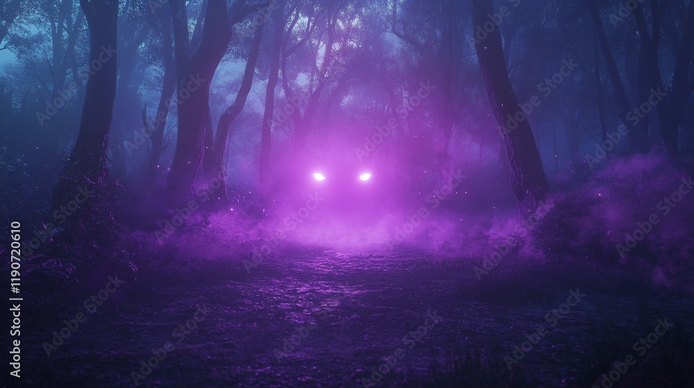 Spooky forest with glowing eyes in mist Spooky forest with glowing eyes in mist