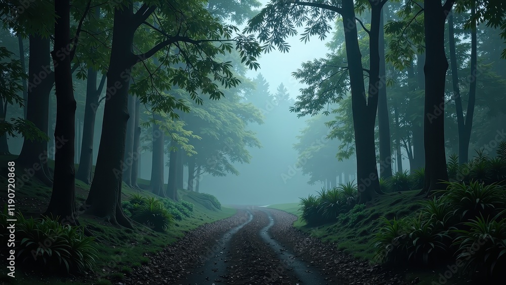 Fototapeta premium Mystical forest enveloped in mist, with a secluded dirt road winding through dense, shadowy trees, creating an enchanting and mysterious atmosphere