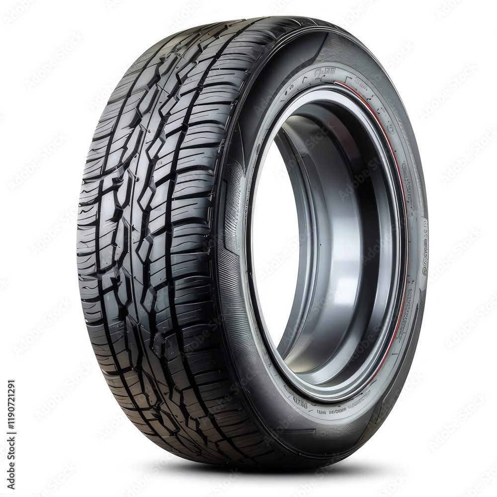 A close-up view of a modern car tire showcasing its tread design and structure. isolated on white background A close-up view of a modern car tire showcasing its tread design and structure. isolated on white background
