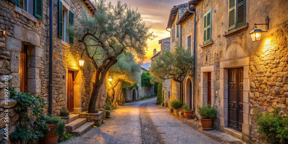 Fototapeta premium Street in Provence at Dawn , olive trees, narrow street, olive trees, narrow street