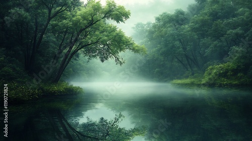 Misty River Enveloped by Lush Green Forest