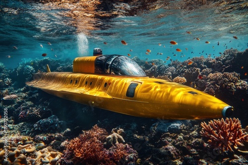 Vibrant yellow submarine with fish in colorful reef setting photo