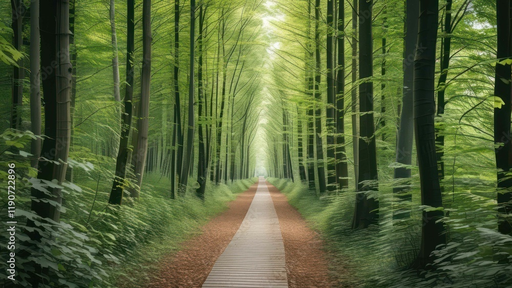 Obraz premium Lush forest pathway surrounded by vibrant green trees, inviting tranquility and outdoor exploration