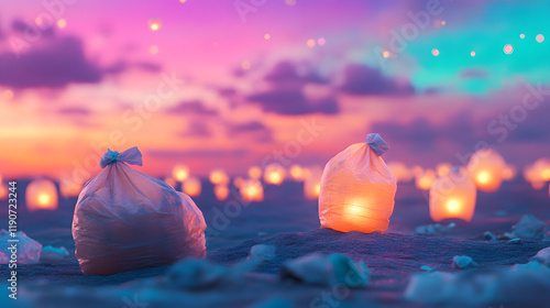 A surreal dreamscape of trash bags glowing like lanterns, drifting in a colorful twilight sky photo