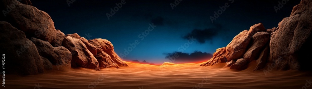 Naklejka premium Desert Canyon at Dusk: A dramatic, cinematic view of a desert canyon at dusk, with towering sandstone cliffs framing a glowing orange and blue sky. The scene evokes a sense of mystery and adventure. 