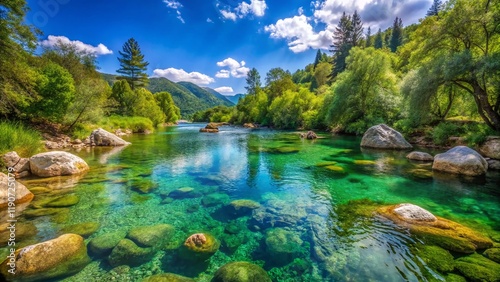 Panoramic View of Ljuta River, Konavle, Croatia: Crystal Clear Water, Lush Greenery, and Smooth Rocks photo