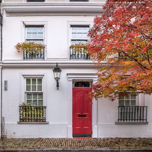 Tranquil Street Scene with Red Door and Plants
