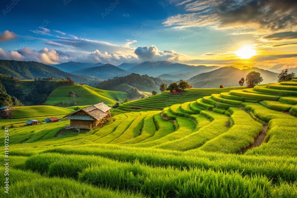 Fototapeta premium Panoramic View of Lush Rice Terraces in Chiang Mai, Thailand's Countryside