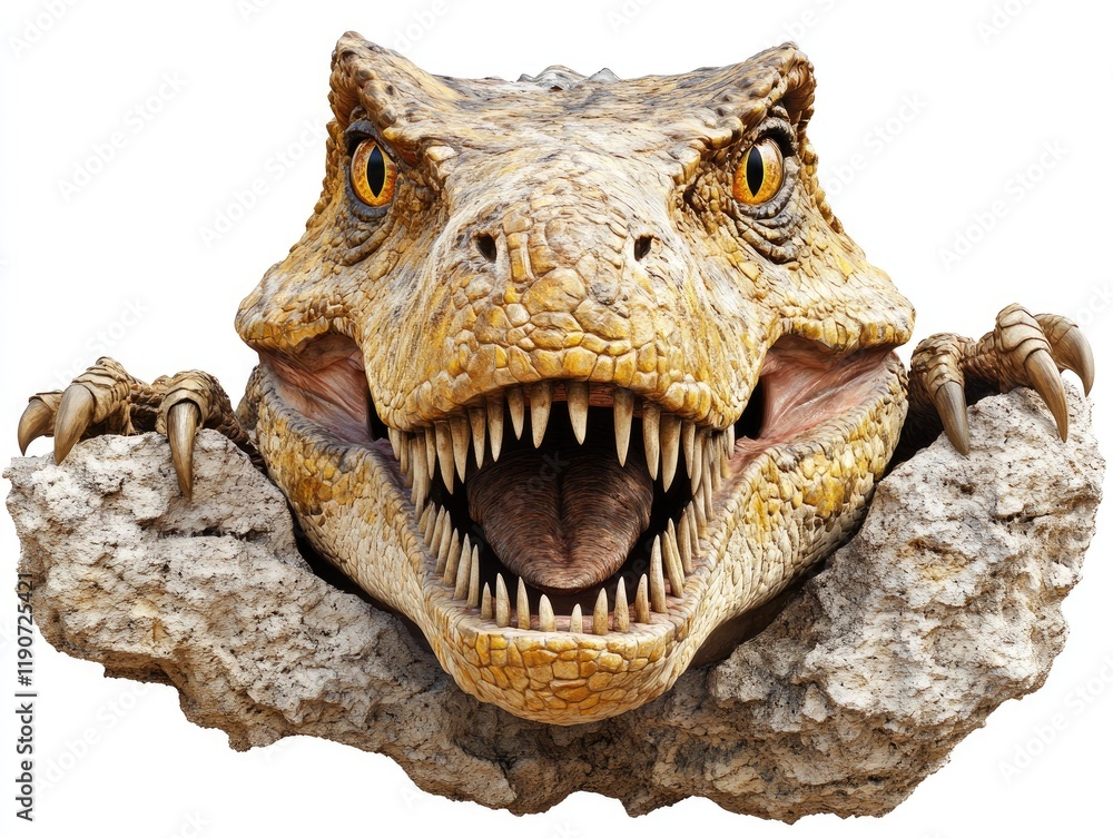 Fierce Dinosaur Head Emerging from Rock - A Realistic Prehistoric Action Scene Fierce Dinosaur Head Emerging from Rock - A Realistic Prehistoric Action Scene