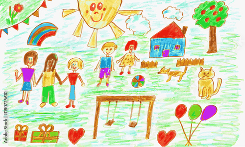 children on a meadow - children drawing - hand-drawn - colored pencils