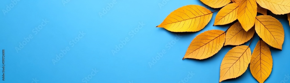 Golden Autumn Leaves: A vibrant cluster of golden autumn leaves, edged against a serene blue backdrop, creates a simple yet elegant image. Perfect for seasonal designs, fall backgrounds. Golden Autumn Leaves: A vibrant cluster of golden autumn leaves, edged against a serene blue backdrop, creates a simple yet elegant image. Perfect for seasonal designs, fall backgrounds.