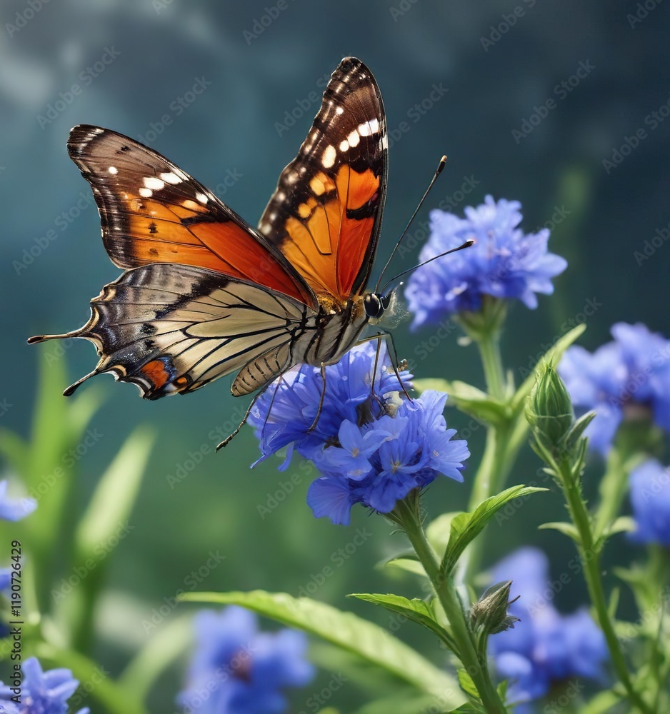 A butterfly sipping nectar from a blue flower, garden, delicate A butterfly sipping nectar from a blue flower, garden, delicate