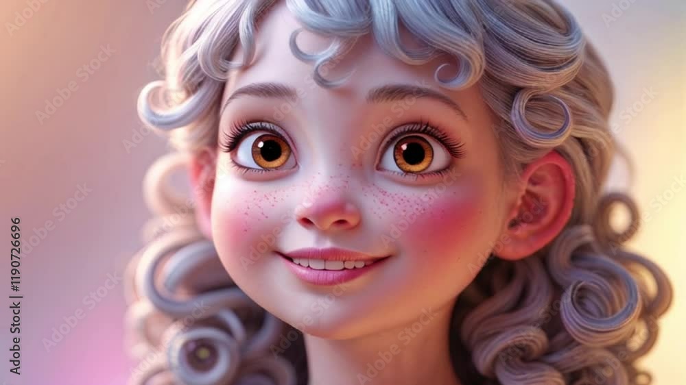 Smiling Cartoon Girl: A charming 3D-rendered portrait of a young girl with rosy cheeks, big brown eyes, and curly gray hair, exuding happiness and innocence. Smiling Cartoon Girl: A charming 3D-rendered portrait of a young girl with rosy cheeks, big brown eyes, and curly gray hair, exuding happiness and innocence.
