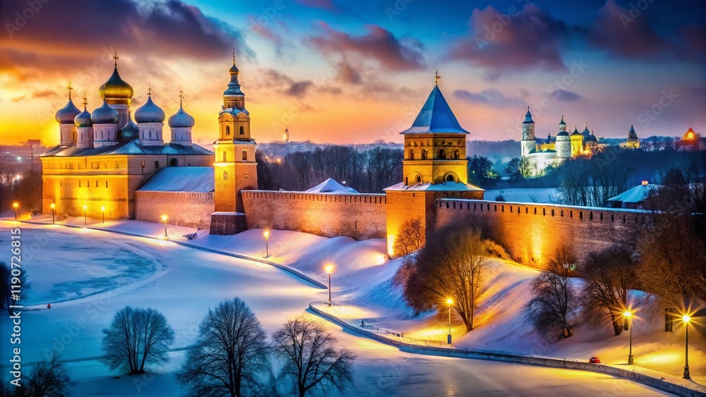 Obraz premium Panoramic Winter Night View of Veliky Novgorod Kremlin Towers, Russia - Majestic Cityscape