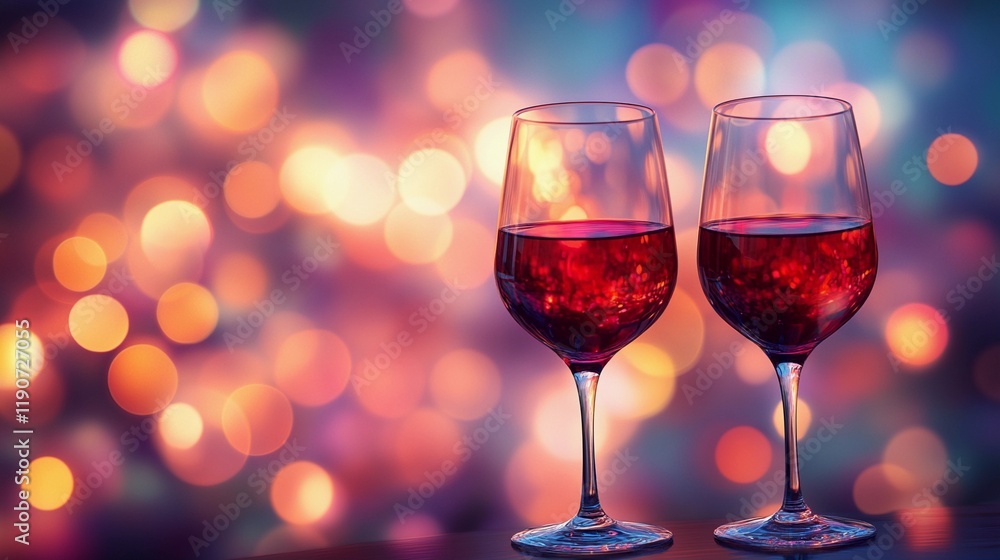 Soft side bokeh glow reflecting on wine glasses, evoking a sophisticated and relaxing ambiance, style book illustration Soft side bokeh glow reflecting on wine glasses, evoking a sophisticated and relaxing ambiance, style book illustration