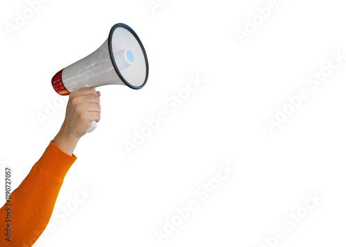 hand holding a megaphone on a isolated free png background with clipping path