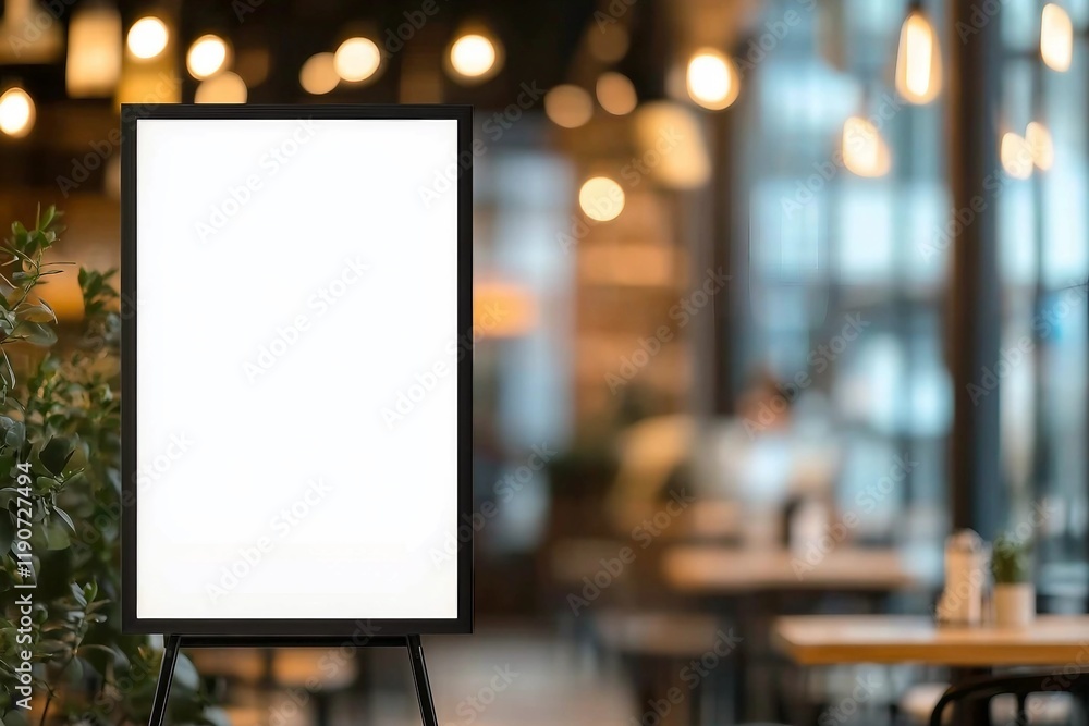 mockup white poster with black frame stand in front of blur restaurant cafe background for show or present promotion product concept mockup white poster with black frame stand in front of blur restaurant cafe background for show or present promotion product concept