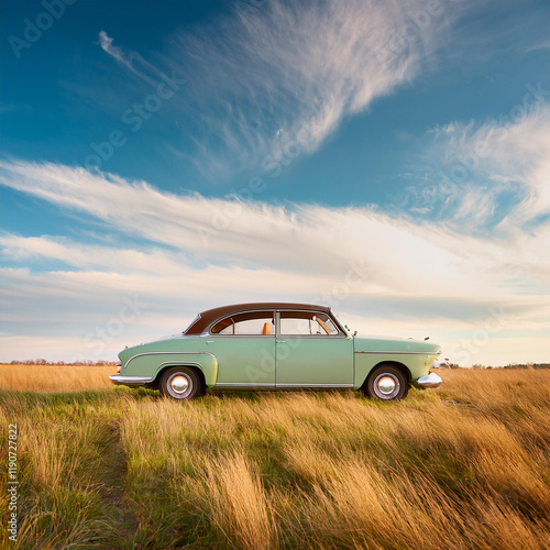 Vintage Pale Green Car in Field Under Clear Sky