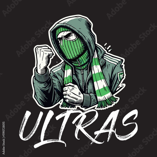 illustration vector graphic of Football fans ultras hooligan wear green hoodie with green white scarf design for logo, t-shirt, etc