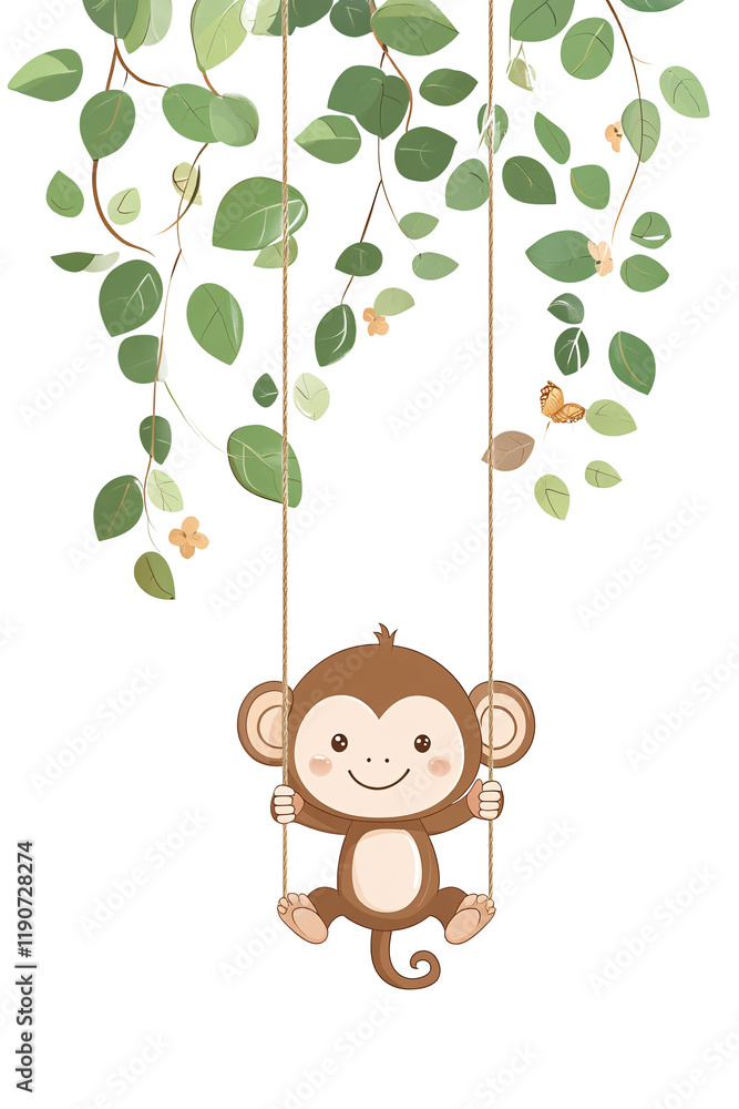 Fototapeta premium Cute cartoon monkey hanging from a vine with a white background