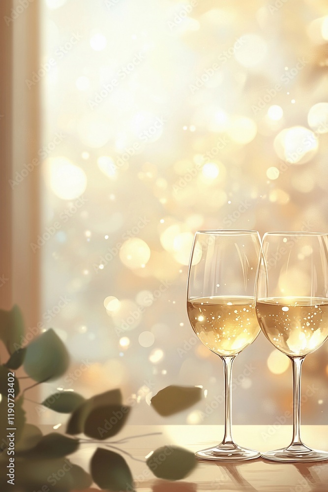 Soft side bokeh glow reflecting on wine glasses, evoking a sophisticated and relaxing ambiance, style book illustration Soft side bokeh glow reflecting on wine glasses, evoking a sophisticated and relaxing ambiance, style book illustration