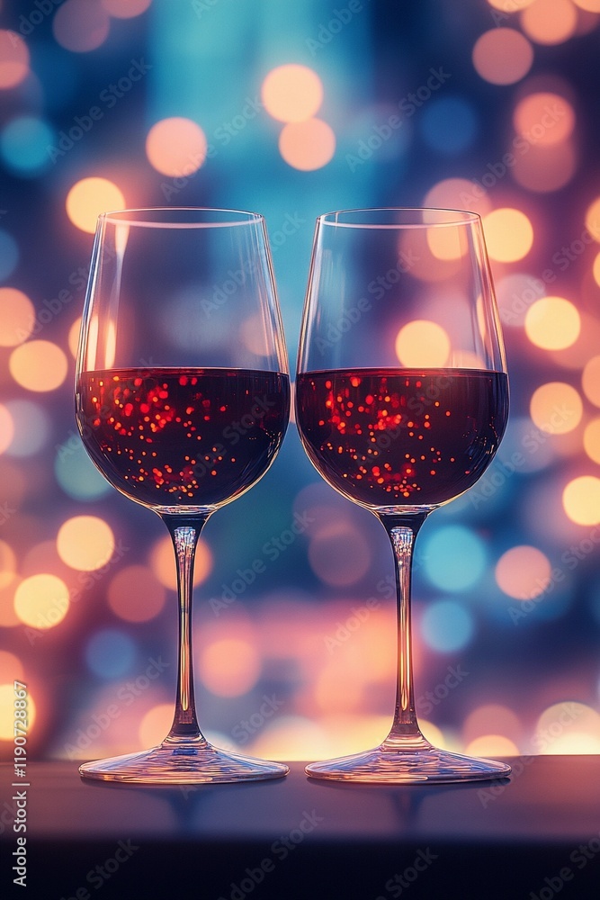 Soft side bokeh glow reflecting on wine glasses, evoking a sophisticated and relaxing ambiance, style book illustration Soft side bokeh glow reflecting on wine glasses, evoking a sophisticated and relaxing ambiance, style book illustration
