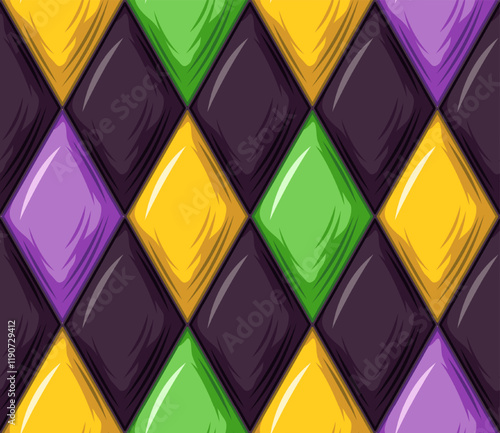 Geometric Mardi Gras pattern with volumetric Harlequin ornament. Diagonal rhombus grid. Vintage style