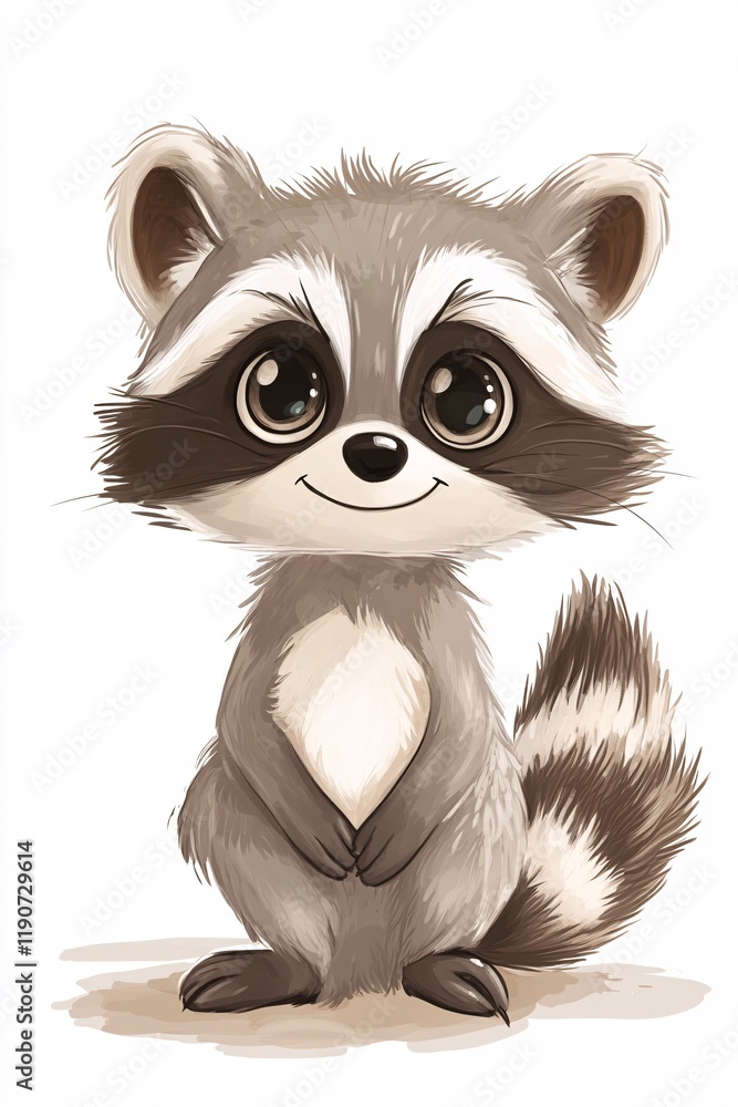 Obraz premium Charming cartoon raccoon with a bushy tail and a white background