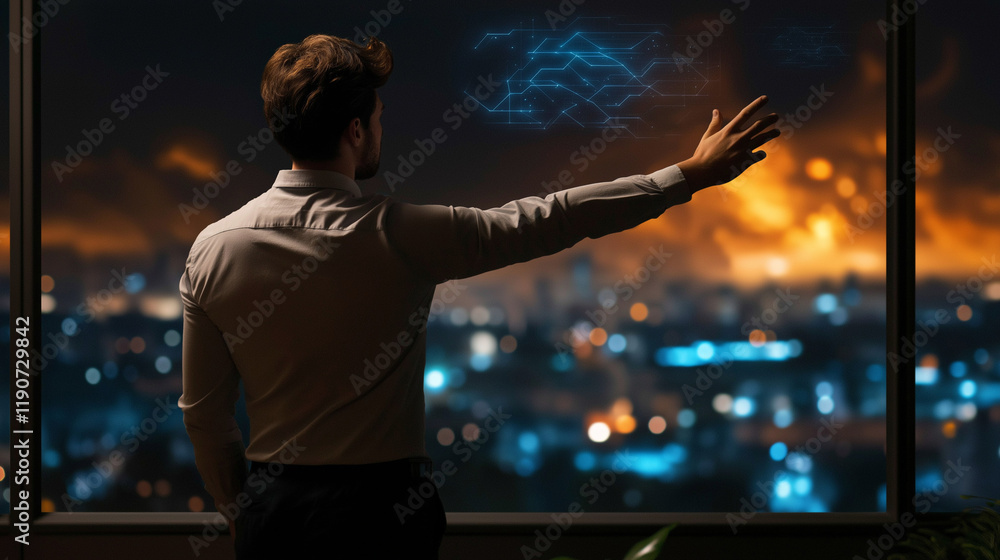 Cybersecurity and artificial intelligence addressing threats in modern cities nighttime urban landscape futuristic view