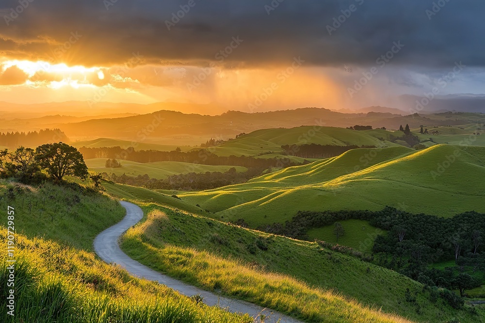 Naklejka premium Golden Rays Embrace Serene Green Hills at Sunrise: A Breathtaking Landscape Panorama Perfect for Desktop Wallpapers, 