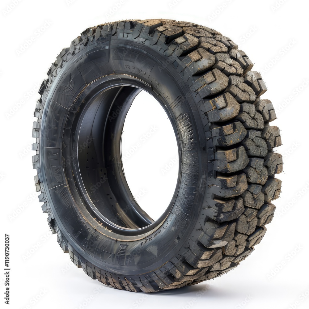 A rugged tire showcasing deep treads, designed for off-road vehicles. isolated on white background A rugged tire showcasing deep treads, designed for off-road vehicles. isolated on white background
