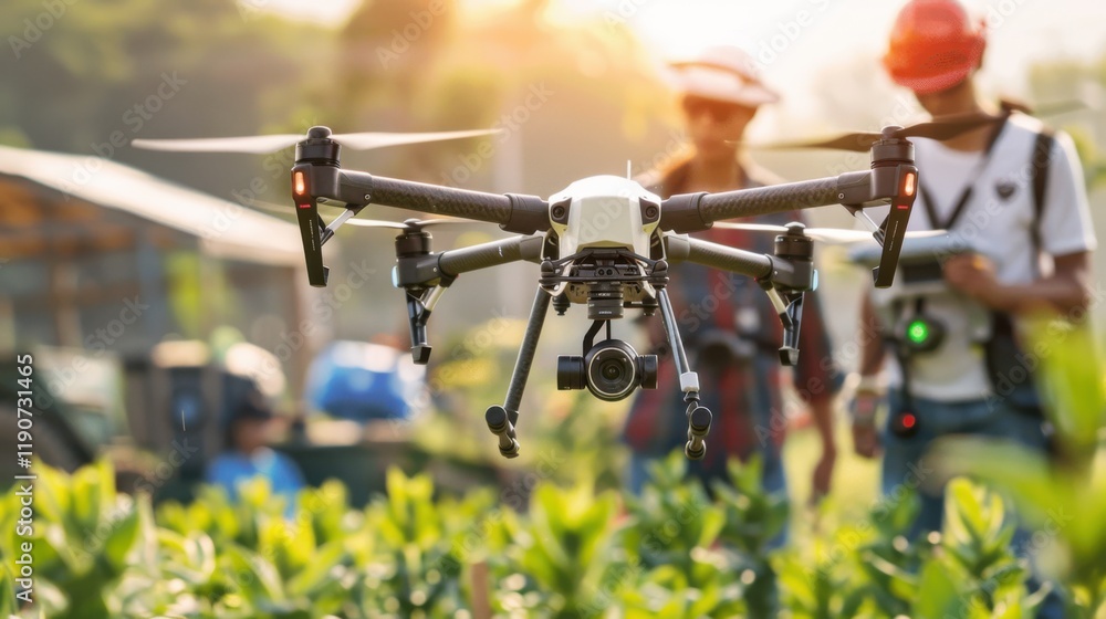 A bustling agricultural technology hub with agronomists using drones and sensors to monitor crop health and optimize farming practices, Agri-tech hub scene, Precision agriculture style A bustling agricultural technology hub with agronomists using drones and sensors to monitor crop health and optimize farming practices, Agri-tech hub scene, Precision agriculture style