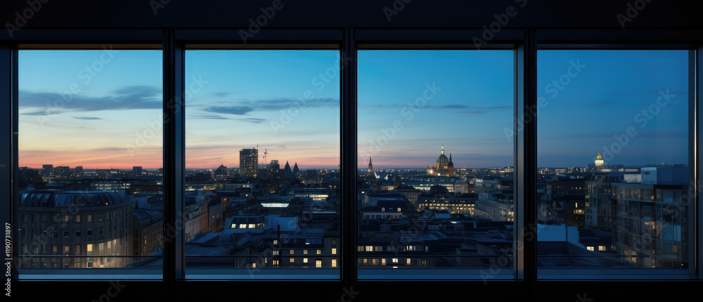 Fototapeta premium Evening Cityscape Through Window Panels