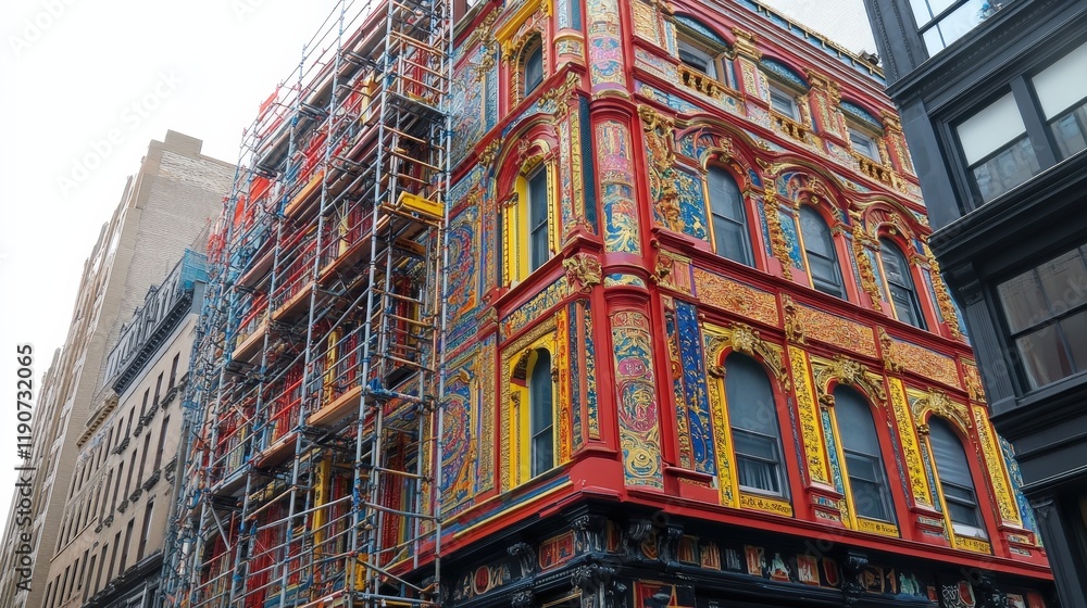 Naklejka premium A vibrant view of scaffolding on a historical building, showcasing restoration efforts with intricate design contrasts